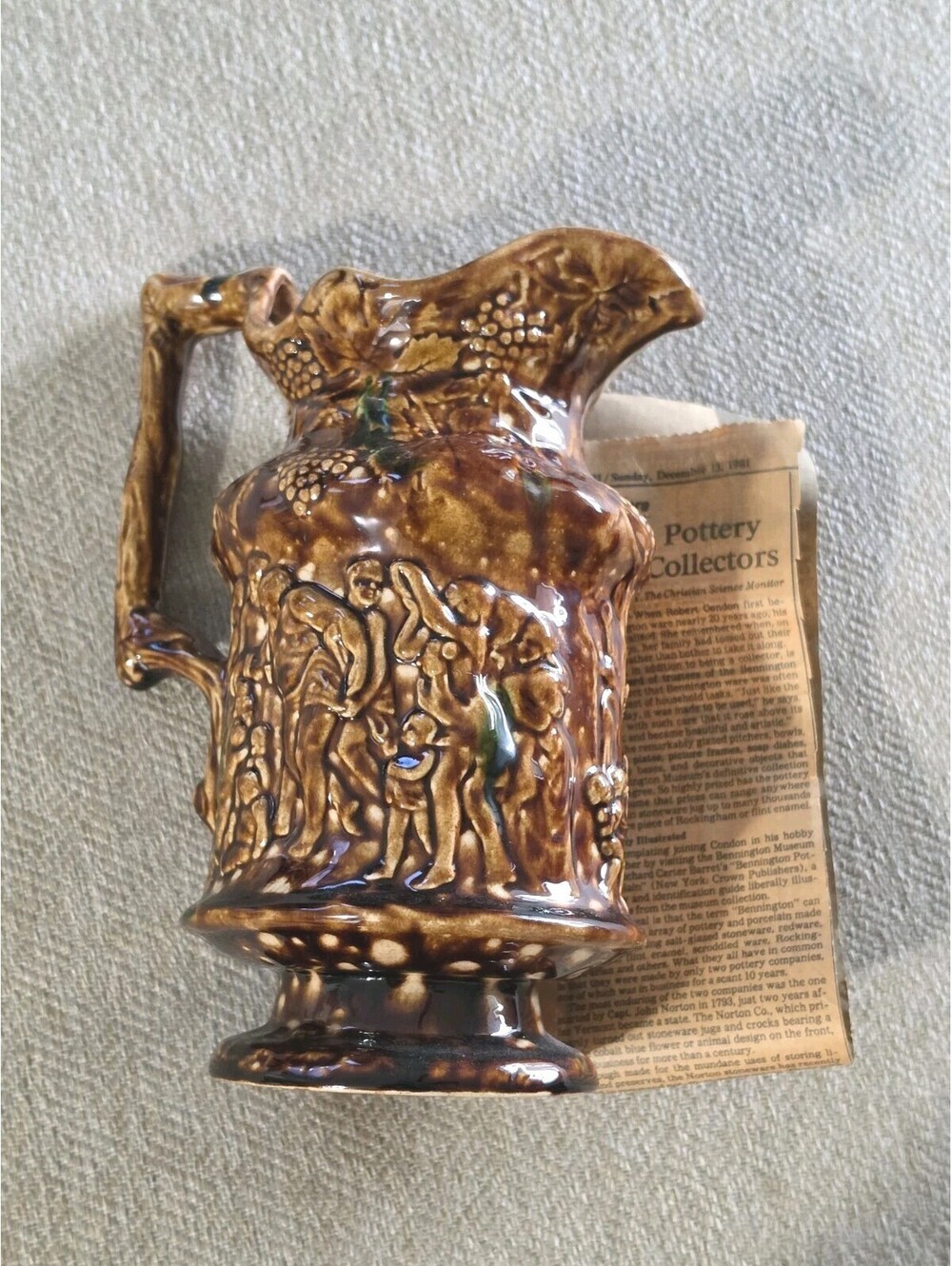 BENNINGTON 1981 Rockingham Glazed Pottery PITCHER With Newspaper Clippings ..